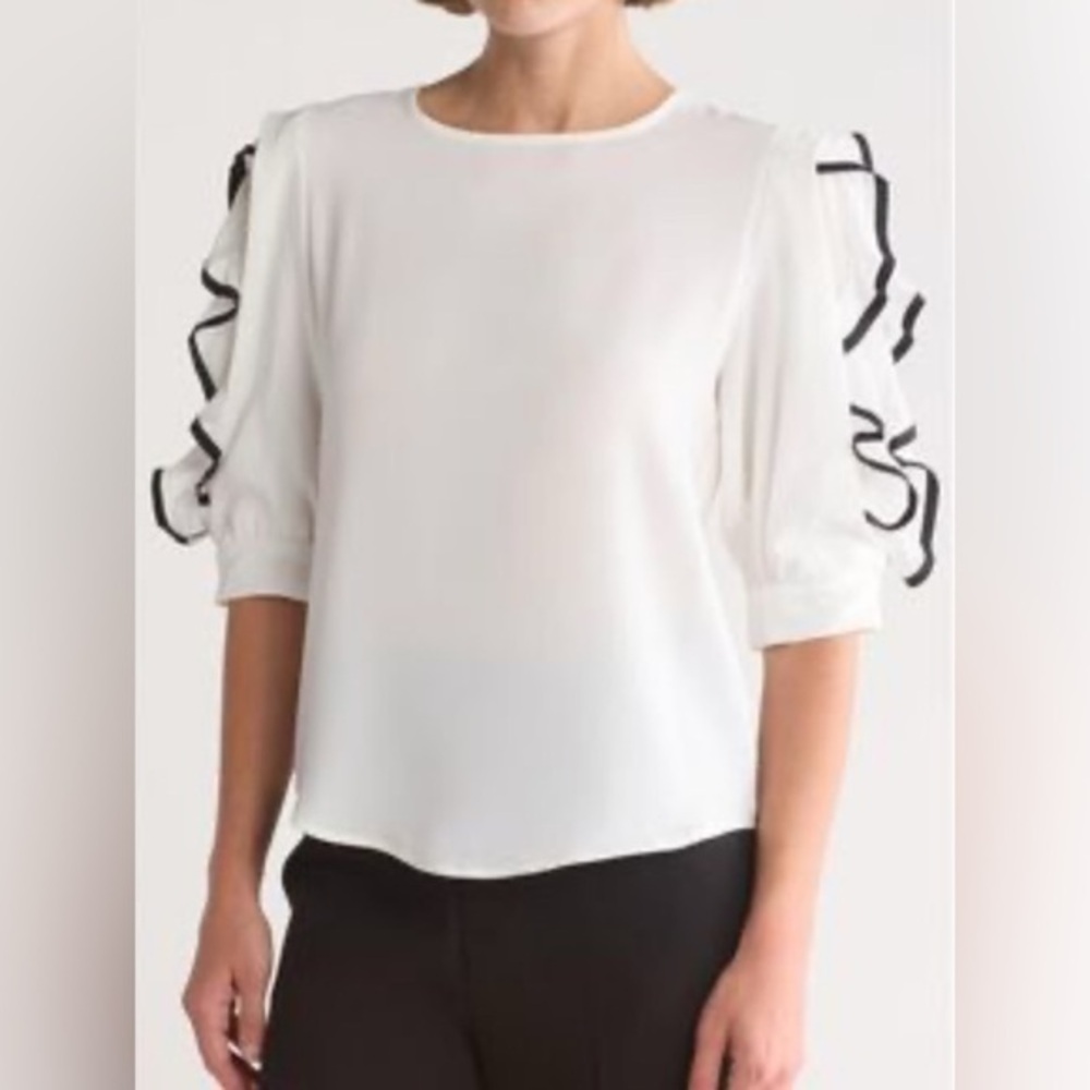 Garcia Bow‎ Neck White Blouse Ruffle  Sleeves Large Sheer Feminine NEW Nordstrom